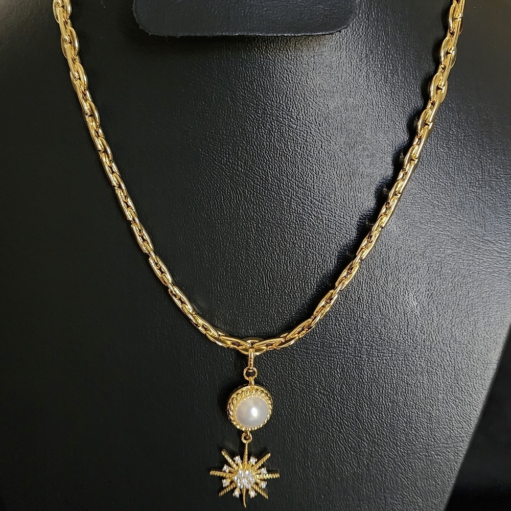 Gold Pearl Starburst Pendant Necklace by